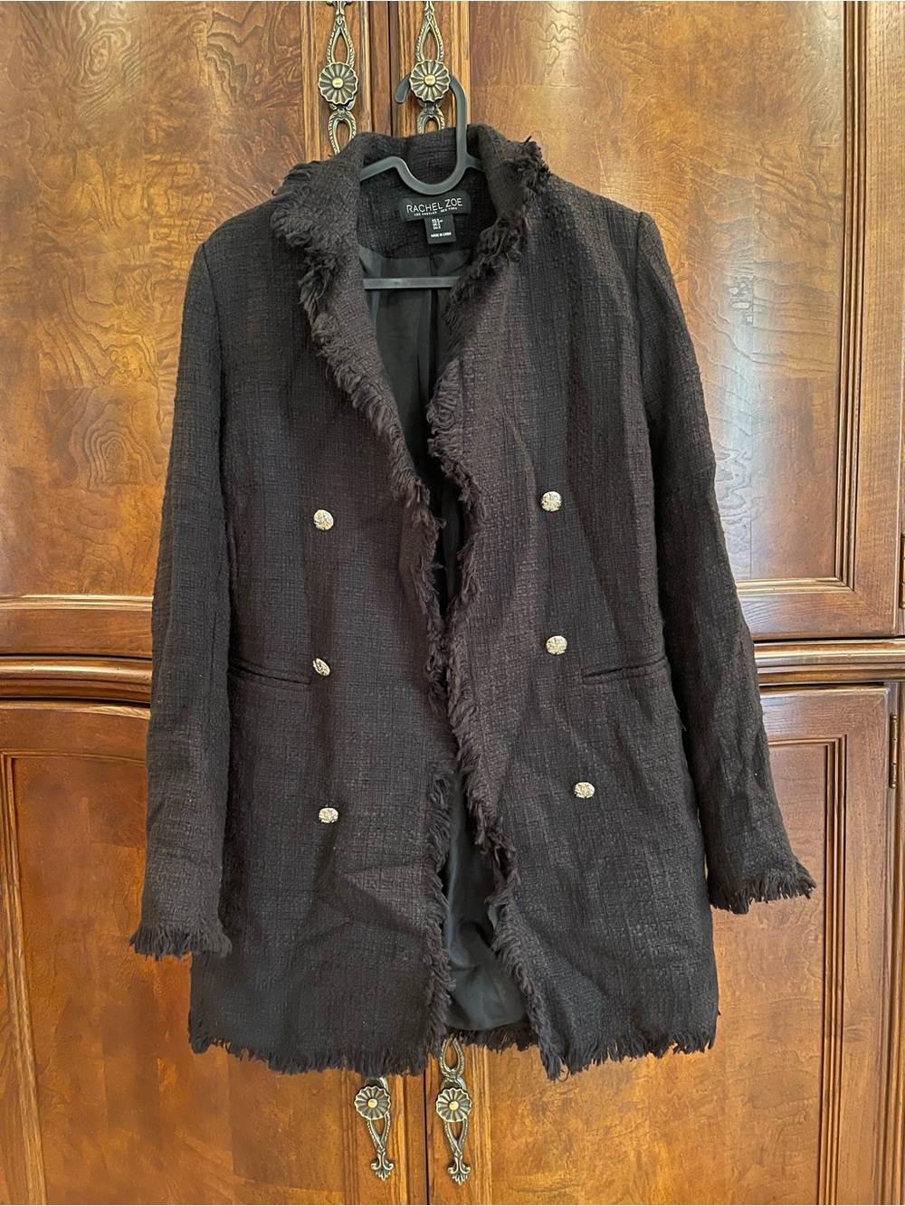 Rachel Zoe Black Frayed-Edge Double-Breasted Blazer
